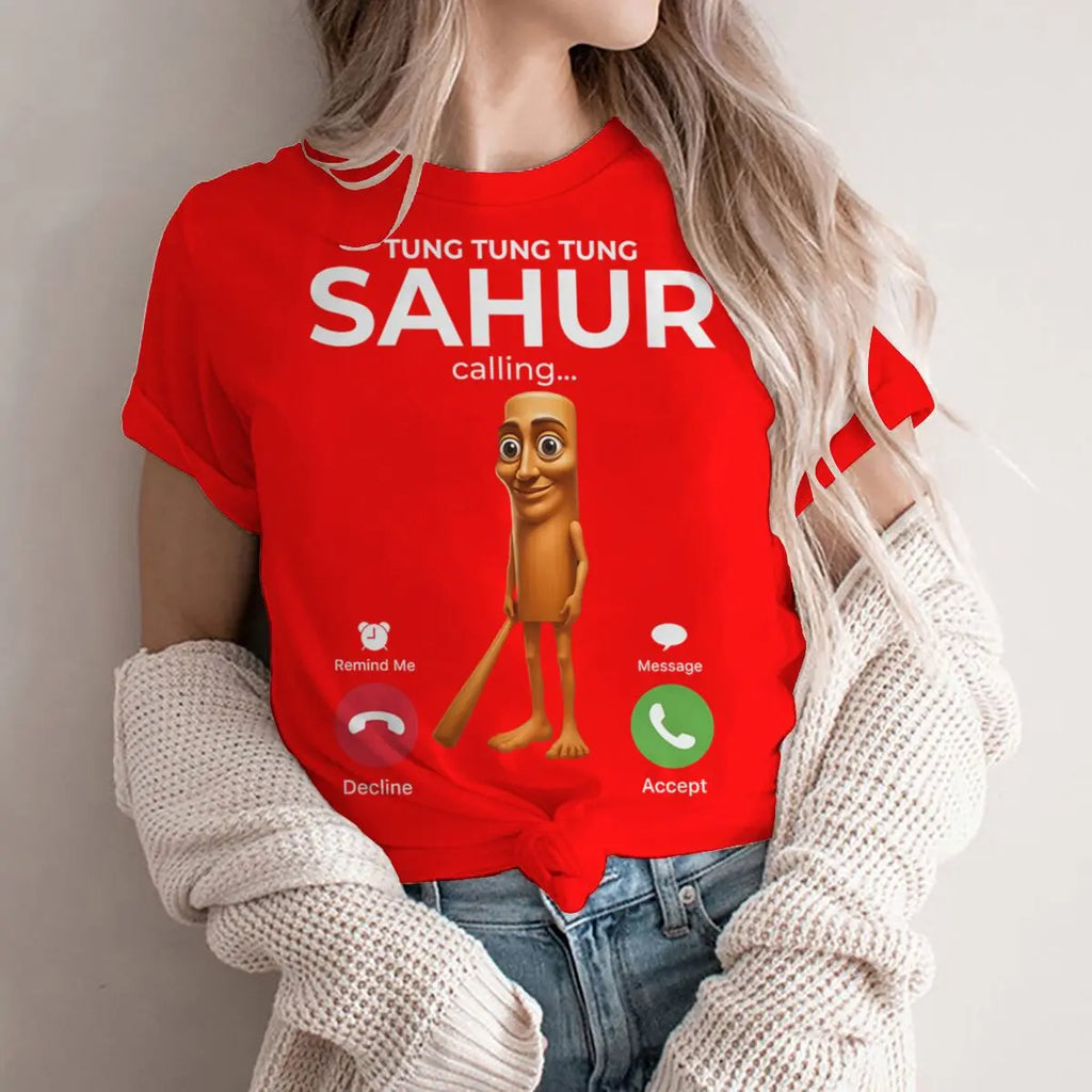 Tung Sahur Is Calling Funny Phone Call Absurd Joke T-Shirt Y2k Humorous Italian Brainrot Silly Novelty Saying Tee Personalized