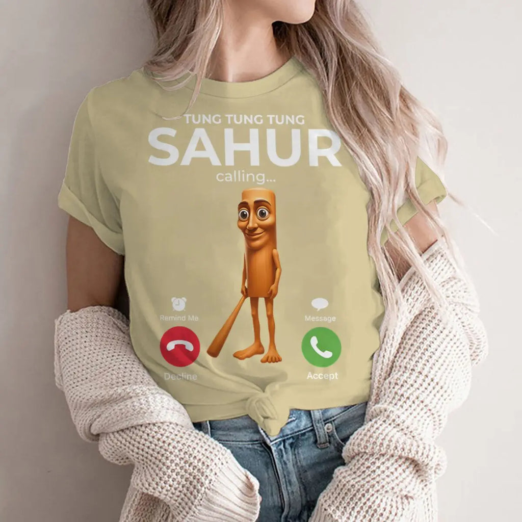Tung Sahur Is Calling Funny Phone Call Absurd Joke T-Shirt Y2k Humorous Italian Brainrot Silly Novelty Saying Tee Personalized