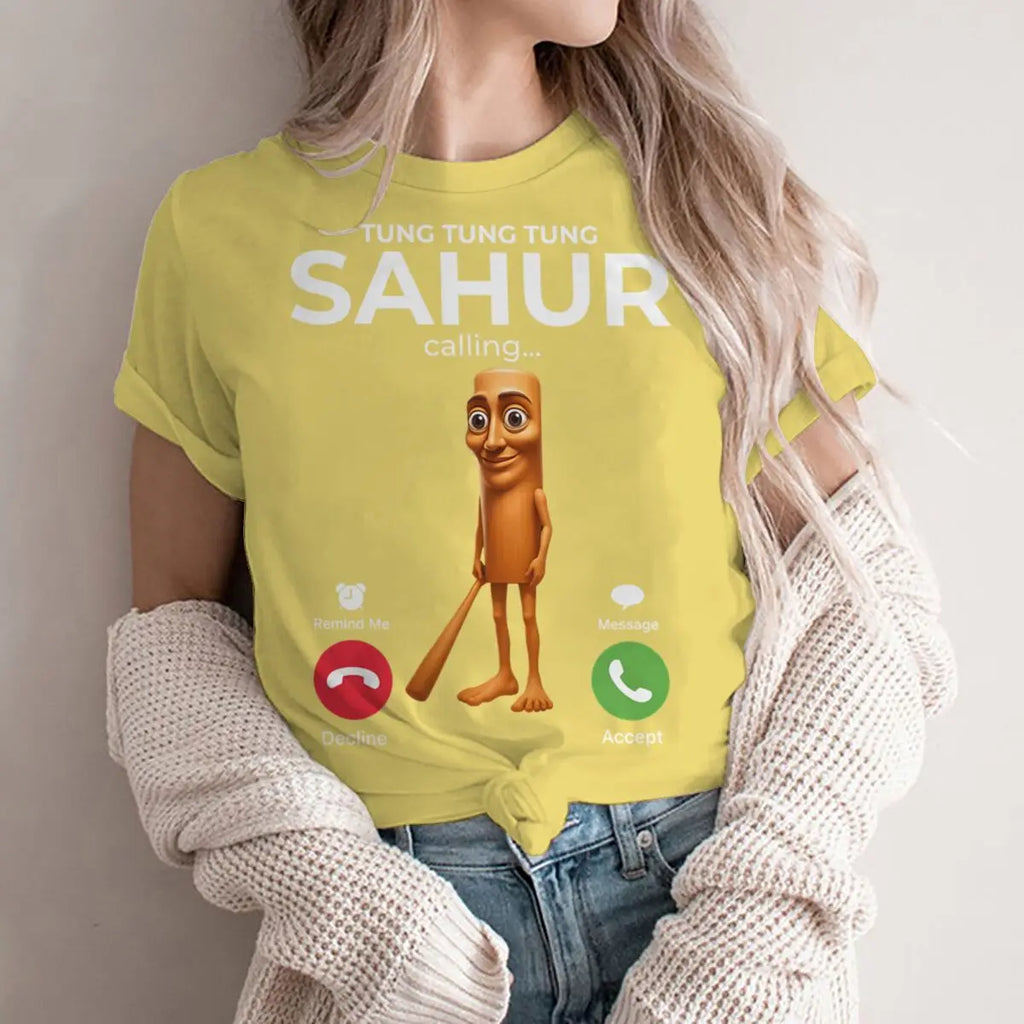 Tung Sahur Is Calling Funny Phone Call Absurd Joke T-Shirt Y2k Humorous Italian Brainrot Silly Novelty Saying Tee Personalized