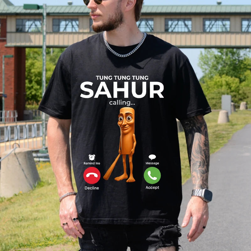 Tung Sahur Is Calling Funny Phone Call Absurd Joke T-Shirt Y2k Humorous Italian Brainrot Silly Novelty Saying Tee Personalized