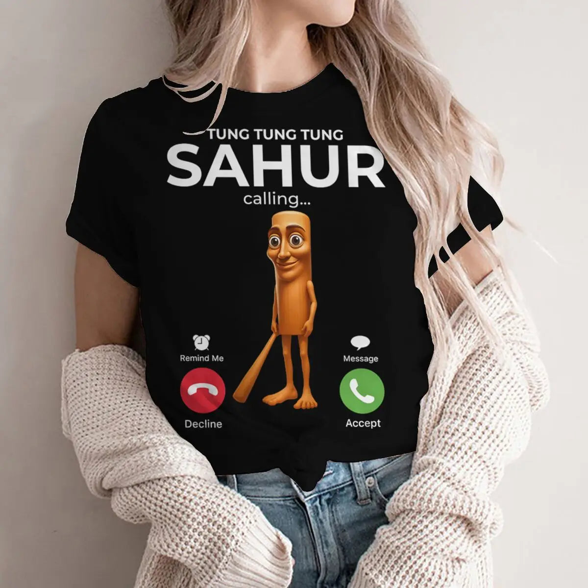 Tung Sahur Is Calling Funny Phone Call Absurd Joke T-Shirt Y2k Humorous Italian Brainrot Silly Novelty Saying Tee Personalized