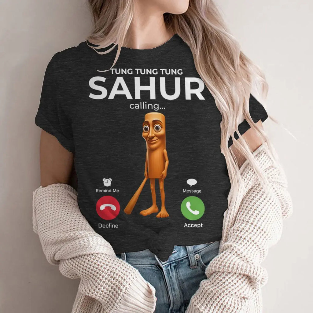 Tung Sahur Is Calling Funny Phone Call Absurd Joke T-Shirt Y2k Humorous Italian Brainrot Silly Novelty Saying Tee Personalized